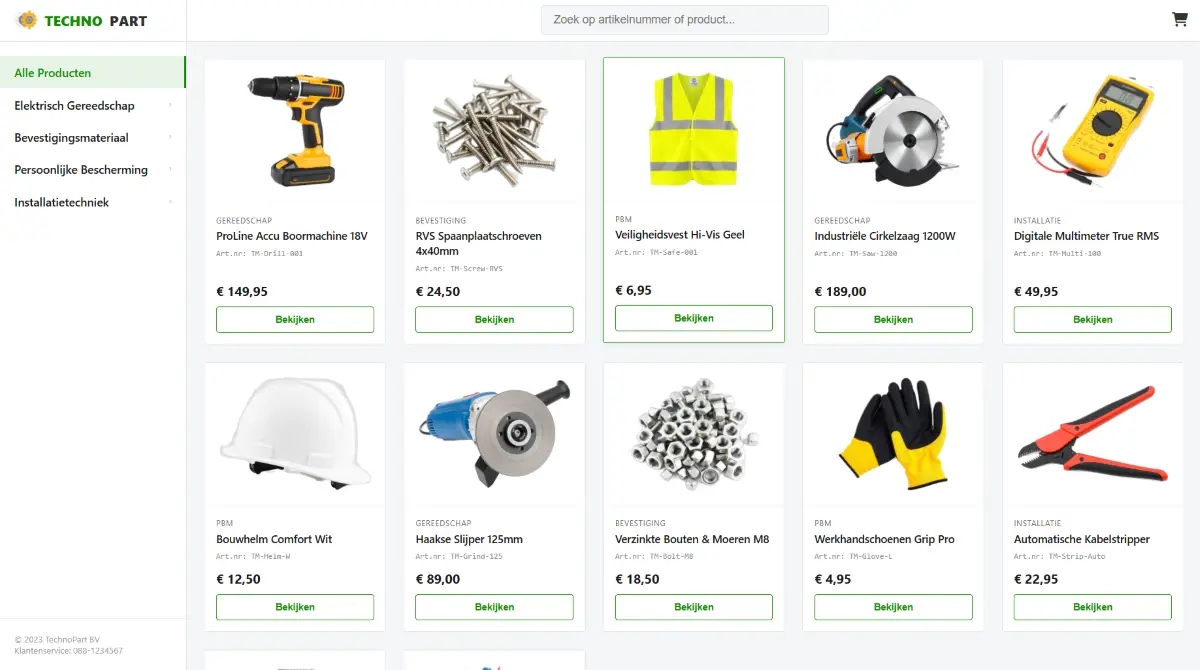 Screenshot van B2B portaal